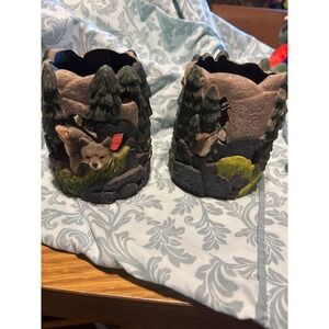 Rustic Woodland Animal Scene Vases Set of 2 Fox Bear Forest Decor